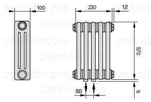 Схема (чертеж) Радиатор Zehnder Charleston 3057/5 №5410 Technoline TL